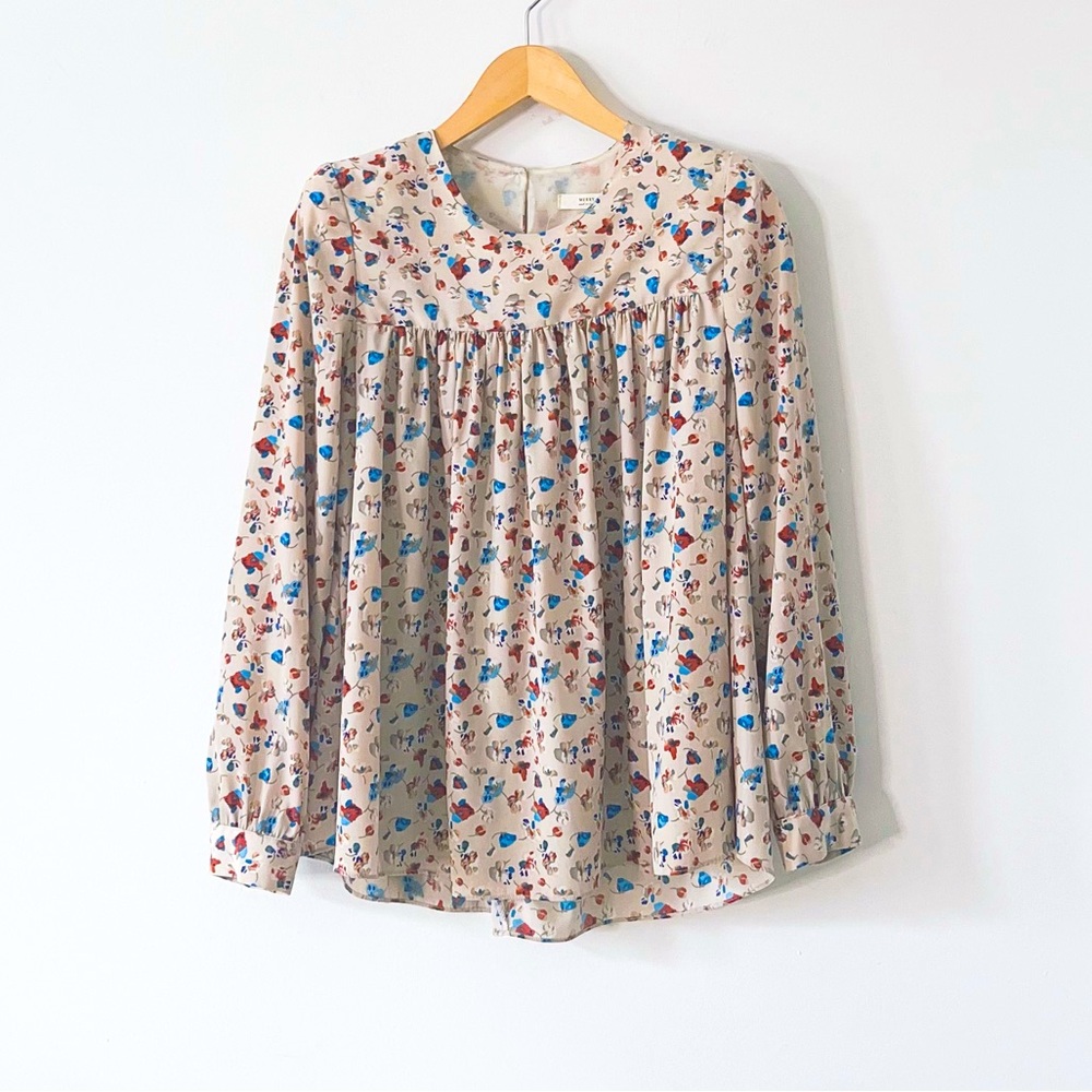 Merry Soft Beige Romantic Floral Crew Neck Long Sleeve Blouse Shoulder Pads Sz S